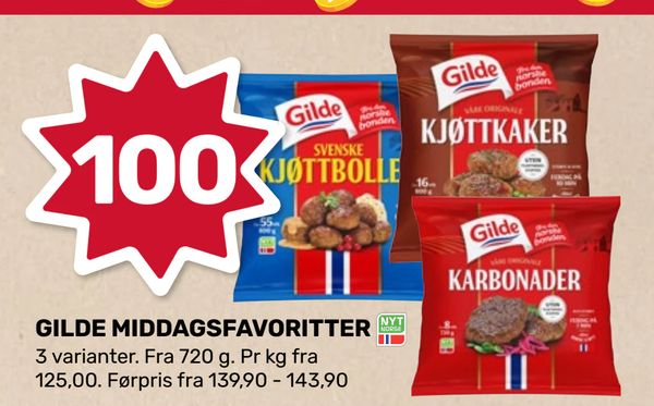 GILDE MIDDAGSFAVORITTER 3 varianter. Fra 720 g. Pr kg fra 125,00. Førpris fra 139,90 - 143,90