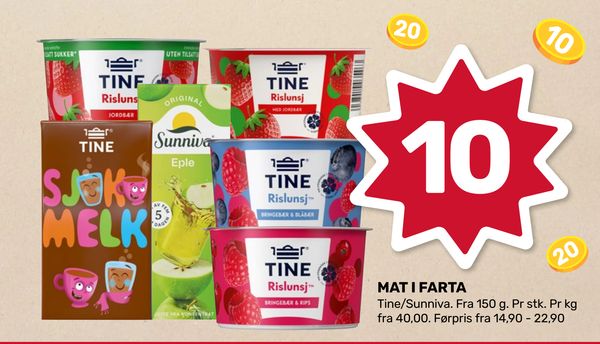 MAT I FARTA Tine/Sunniva. Fra 150 g. Pr stk. Pr kg fra 40,00. Førpris fra 14,90 - 22,90