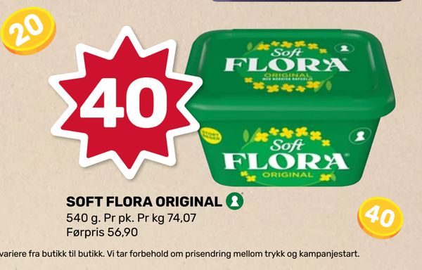 SOFT FLORA ORIGINAL 540 g. Pr pk. Pr kg 74,07 Førpris 56,90