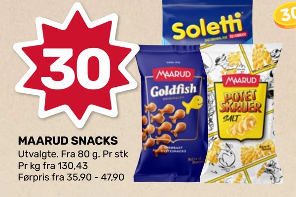 MAARUD SNACKS 30 Utvalgte. Fra 80 g. Pr stk Pr kg fra 130,43 Førpris fra 35,90 - 47,90