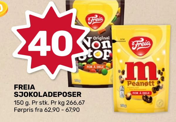 FREIA SJOKOLADEPOSER 40 150 g. Pr stk. Pr kg 266,67 Førpris fra 62,90 - 67,90