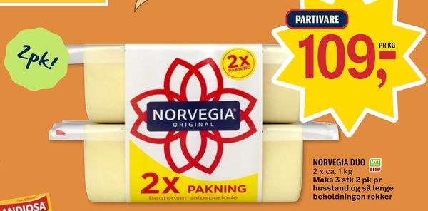 NORVEGIA DUO 2 x ca. 1 kg
Maks 3 stk 2 pk pr husstand og så lenge beholdningen rekker
PARTIVARE