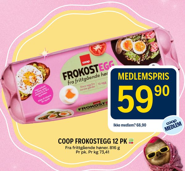 COOP FROKOSTEGG 12 PK Fra frittgående høner. 816 g Pr pk. Pr kg 73,41