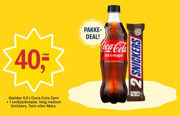 PAKKEDEAL Gjelder 0,5 l Coca Cola Zero + 1 småsjokolade. Velg mellom Snickers, Twix eller Mars.