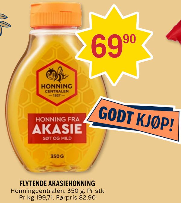 FLYTENDE AKASIEHONNING Honningcentralen. 350 g. Pr stk Pr kg 199,71. Førpris 82,90
GODT KJØP!