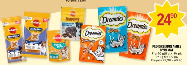 PEDIGREE/DREAMIES DYREMAT Fra 40 g/5 stk. Pr pk
Pr kg fra 177,86
Førpris 29,90 - 48,90