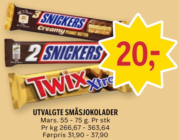 UTVALGTE SMÅSJOKOLADER Mars. 55 - 75 g. Pr stk
Pr kg 266,67 - 363,64
Førpris 31,90 - 37,90