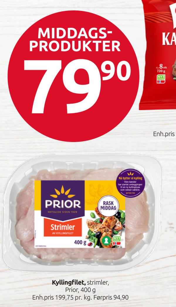 Kyllingfilet strimler, Prior, 400 g Enh.pris 199,75 pr. kg. Førpris 94,90