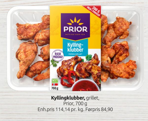 Kyllingklubber grillet, Prior, 700 g Enh.pris 114,14 pr. kg. Førpris 84,90