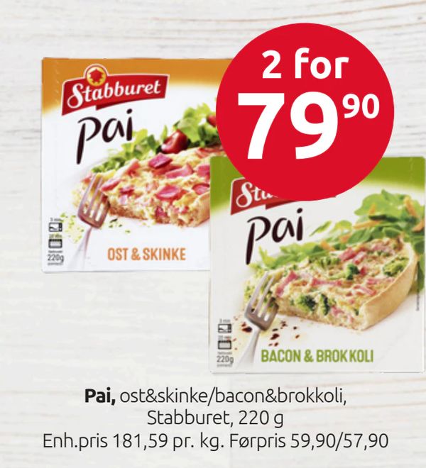 Pai ost&skinke/bacon&brokkoli, Stabburet, 220 g Enh.pris 181,59 pr. kg. Førpris 59,90/57,90