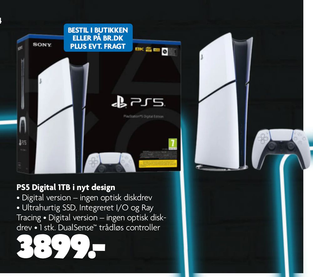 Tilbud på PS5 Digital 1TB i nyt design fra BR til 3.899 kr.
