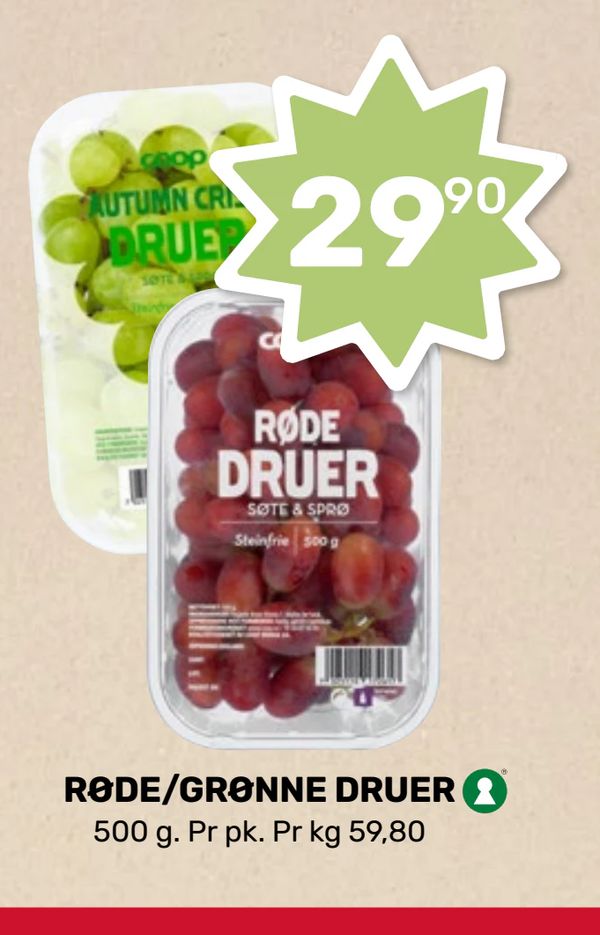 RØDE/GRØNNE DRUER 500 g. Pr pk. Pr kg 59,80