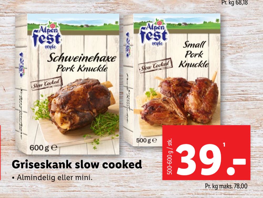 Tilbud på Griseskank slow cooked fra Lidl til 39 kr.