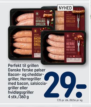 Perfekt til grillen Danske ferske pølser Bacon- og cheddargriller, Herregriller med bacon, salsicciagriller eller hvidløgsgriller 4 stk./360 g
