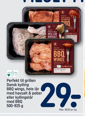 Perfekt til grillen Dansk kylling BBQ wings, hele lår med havsalt & peber eller kyllingelår med BBQ 500-825 g