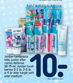 Jordan tandpasta kids, junior eller caries defense 50-75 ml, Jordan tandbørste 0-2 år, 3-5 år, 6-9 år eller targit soft eller medium