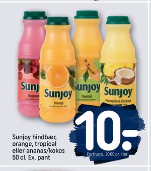 Sunjoy hindbær, orange, tropical eller ananas/kokos 50 cl. Ex. pant