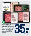 Hakket dansk oksekød, grise- og kalvekød, kyllingekød eller Frilandsgris skinkekød 4-7% 400 g