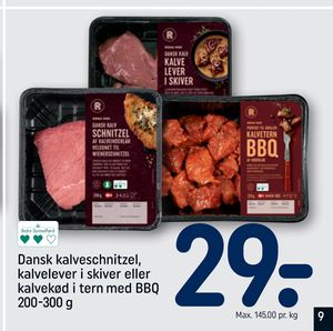 Dansk kalveschnitzel, kalvelever i skiver eller kalvekød i tern med BBQ 200-300 g