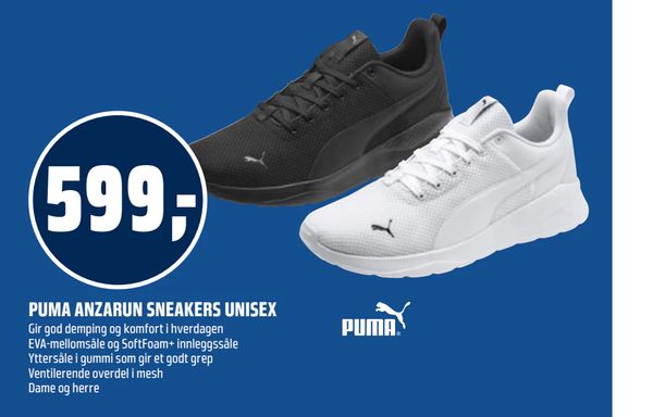 PUMA ANZARUN SNEAKERS UNISEX 599,- Gir god demping og komfort i hverdagen EVA-mellomsåle og SoftFoam+ innleggssåle Yttersåle i gummi som gir et godt grep Ventilerende overdel i mesh Dame og herre PUMA
