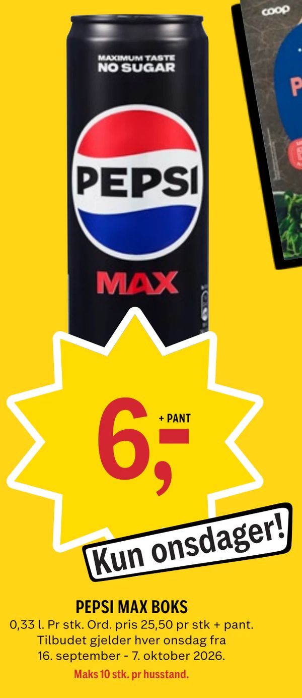 PEPSI MAX BOKS 0,33 l. Pr stk. Ord. pris 25,50 pr stk + pant. Tilbudet gjelder hver onsdag fra 16. september - 7. oktober 2026. Maks 10 stk. pr husstand.