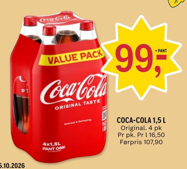 COCA-COLA 1,5 L Original. 4 pk
Pr pk. Pr l 16,50
Førpris 107,90 + PANT