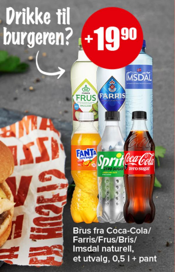 Brus fra Coca-Cola/Farris/Frus/Bris/Imsdal naturell Drikke til burgeren? et utvalg, 0,5 l + pant
