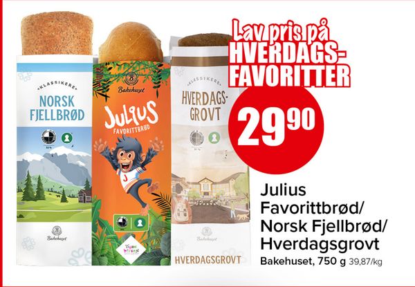 Julius Favorittbrød/ Norsk Fjellbrød/ Hverdagsgrovt Lav pris på HVERDAGS-FAVORITTER Bakehuset, 750 g 39,87/kg