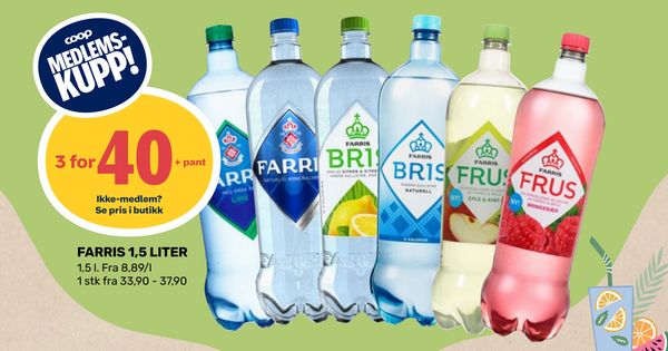 FARRIS 1,5 LITER coop MEDLEMS-KUPP! 3 for 40 + pant Ikke-medlem? Se pris i butikk 1,5 l. Fra 8,89/l 1 stk fra 33,90 - 37,90