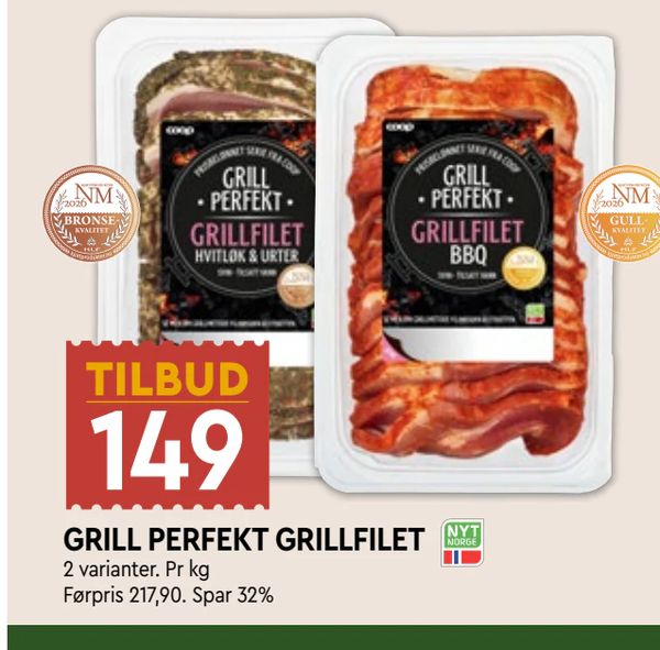 GRILL PERFEKT GRILLFILET TILBUD 149 2 varianter. Pr kg Førpris 217,90. Spar 32%