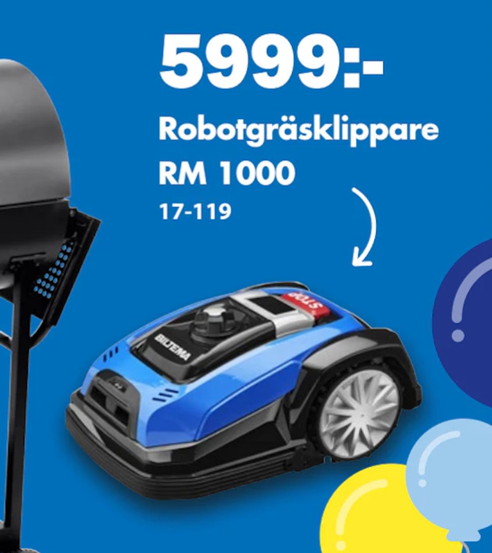 Erbjudanden på Robotgräsklippare RM 1000 från Biltema för 5 999 kr