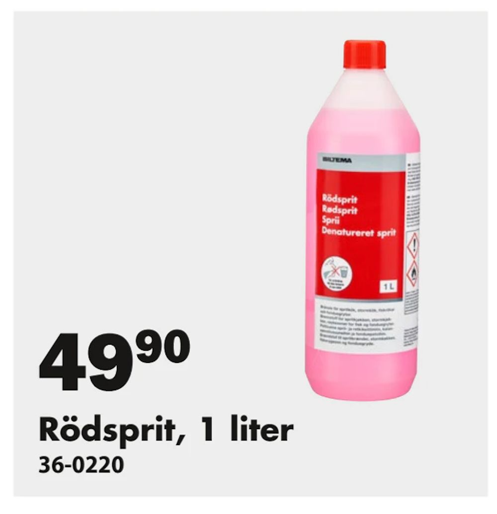 Erbjudanden på Rödsprit, 1 liter från Biltema för 49,90 kr