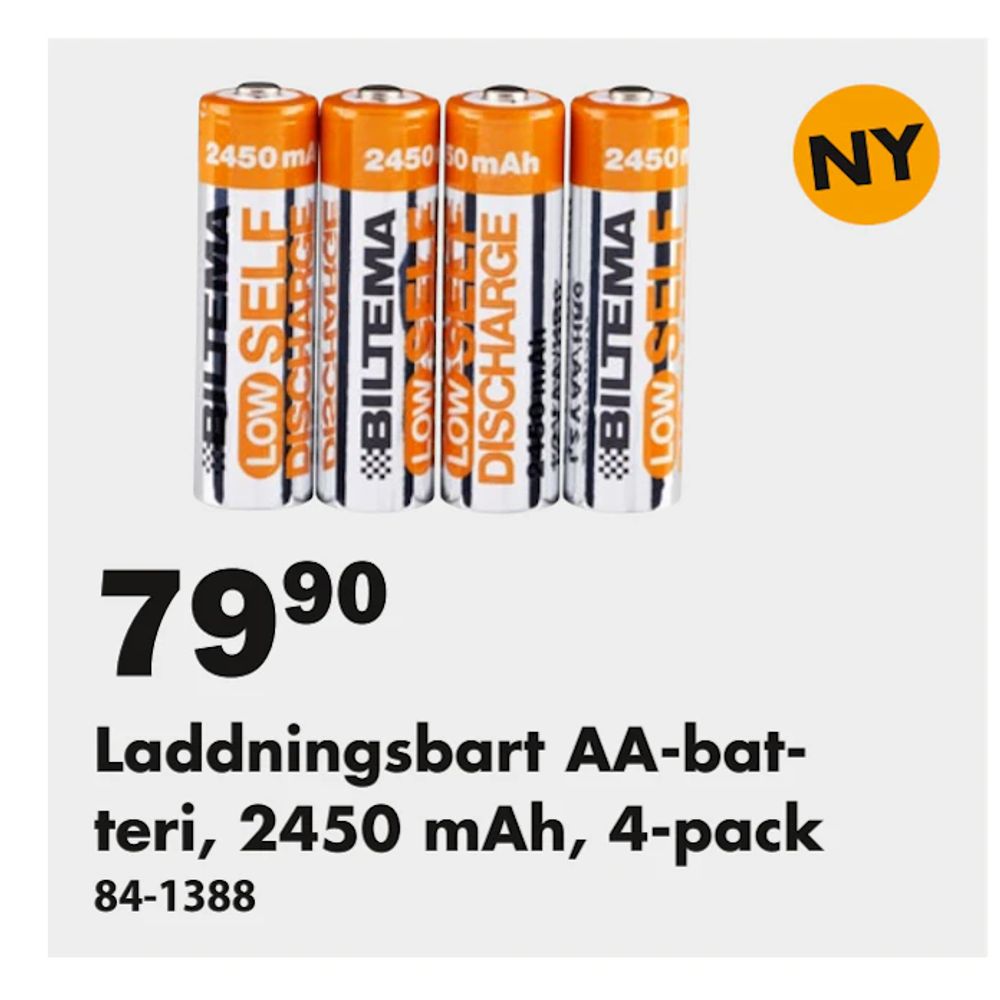 Erbjudanden på Laddningsbart AA-batteri, 2450 mAh, 4-pack från Biltema för 79,90 kr