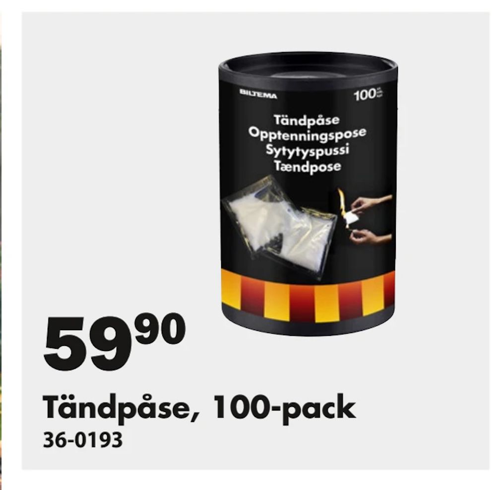 Erbjudanden på Tändpåse, 100-pack från Biltema för 59,90 kr