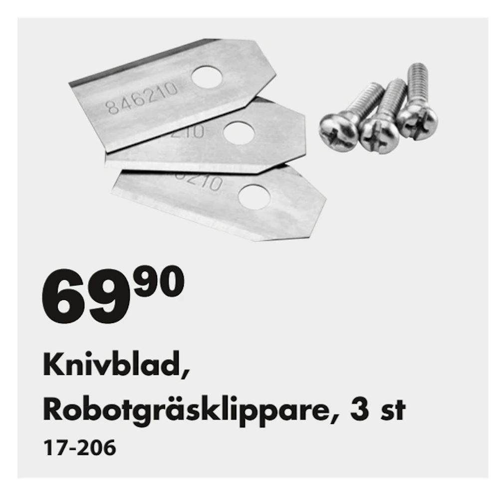 Erbjudanden på Knivblad, Robotgräsklippare, 3 st från Biltema för 69,90 kr