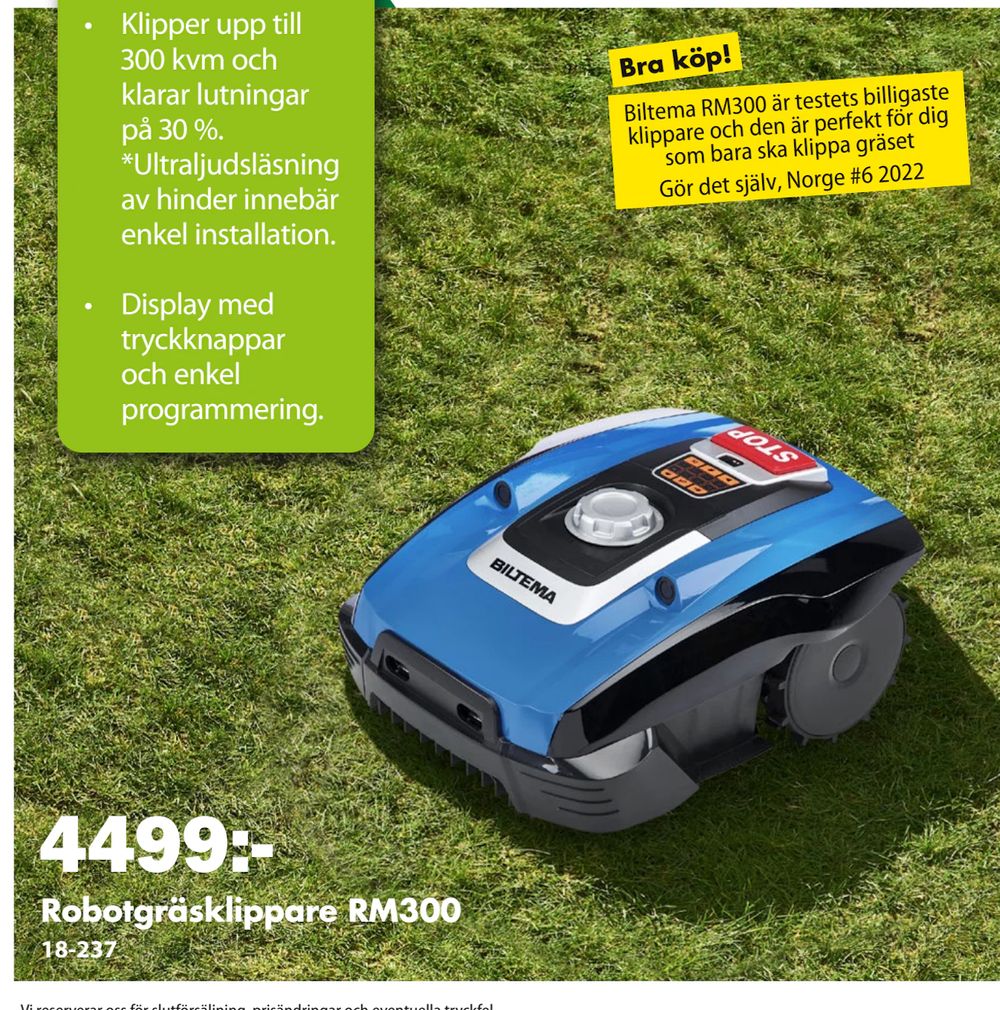 Erbjudanden på Robotgräsklippare RM300 från Biltema för 4 499 kr