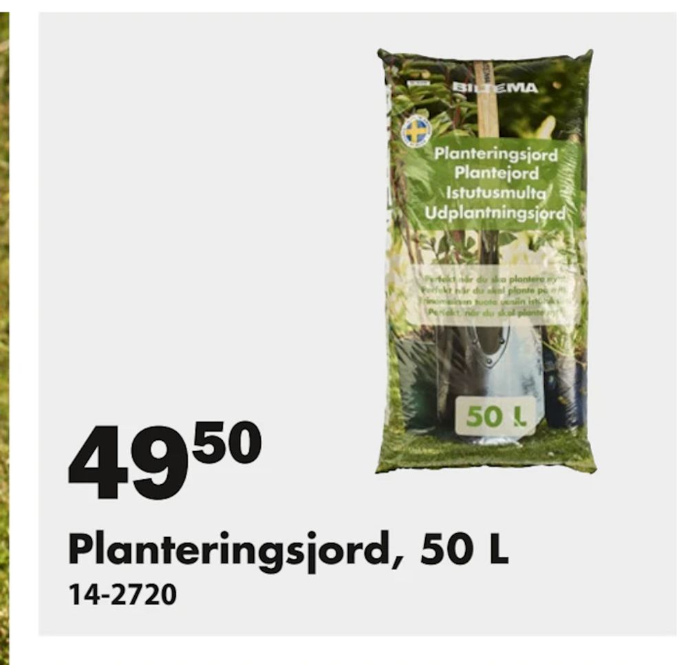 Erbjudanden på Planteringsjord, 50 L från Biltema för 49,50 kr