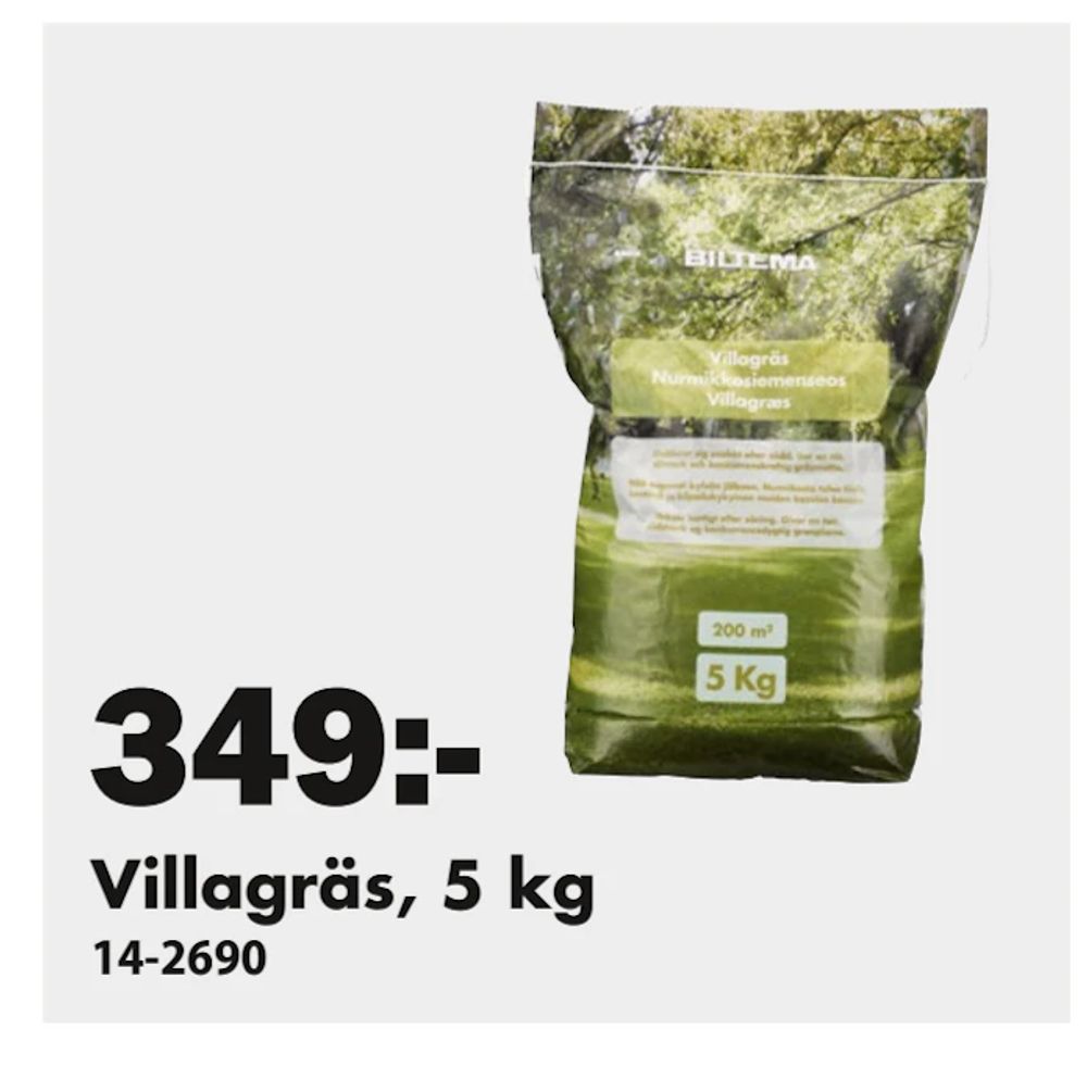 Erbjudanden på Villagräs, 5 kg från Biltema för 349 kr