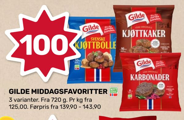 GILDE MIDDAGSFAVORITTER 100 3 varianter. Fra 720 g. Pr kg fra 125,00. Førpris fra 139,90 - 143,90