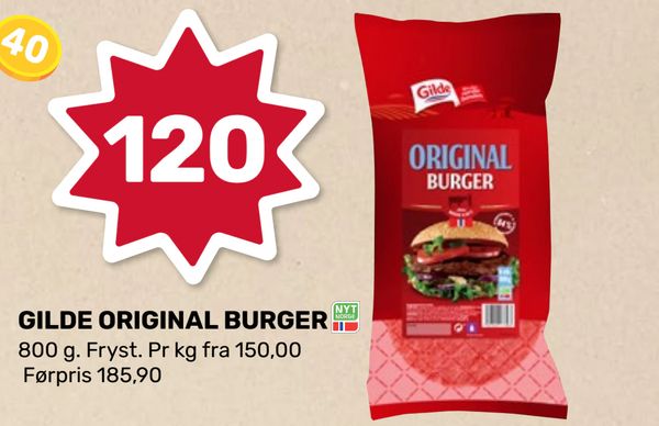 GILDE ORIGINAL BURGER 120 800 g. Fryst. Pr kg fra 150,00 Førpris 185,90