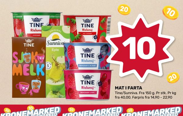 MAT I FARTA Tine/Sunniva. Fra 150 g. Pr stk. Pr kg fra 40,00. Førpris fra 14,90 - 22,90