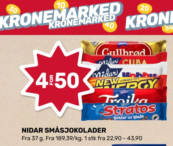 NIDAR SMÅSJOKOLADER 4 FOR 50 Fra 37 g. Fra 189,39/kg. 1 stk fra 22,90 - 43,90