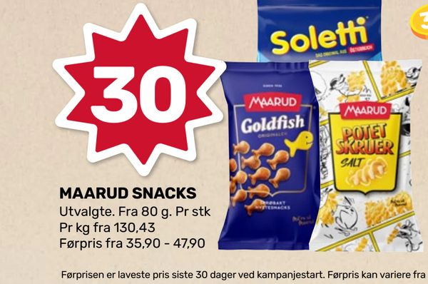 MAARUD SNACKS Utvalgte. Fra 80 g. Pr stk Pr kg fra 130,43 Førpris fra 35,90 - 47,90