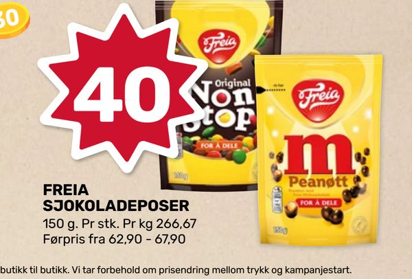 FREIA SJOKOLADEPOSER 150 g. Pr stk. Pr kg 266,67 Førpris fra 62,90 - 67,90