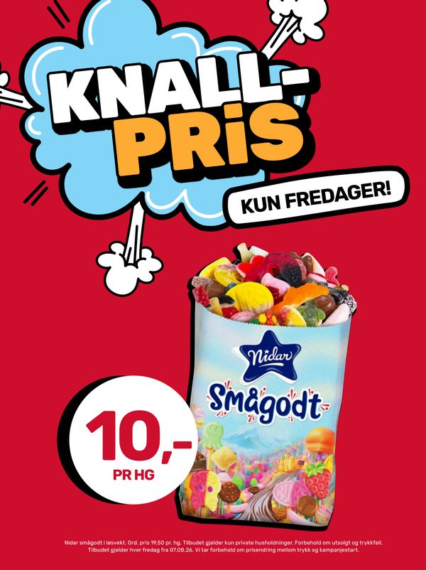 Nidar smågodt i løsvekt Ord. pris 19,50 pr. hg. Tilbudet gjelder kun private husholdninger. Forbehold om utsolgt og trykkfeil. Tilbudet gjelder hver fredag fra 07.08.26. Vi tar forbehold om prisendring mellom trykk og kampanjestart.