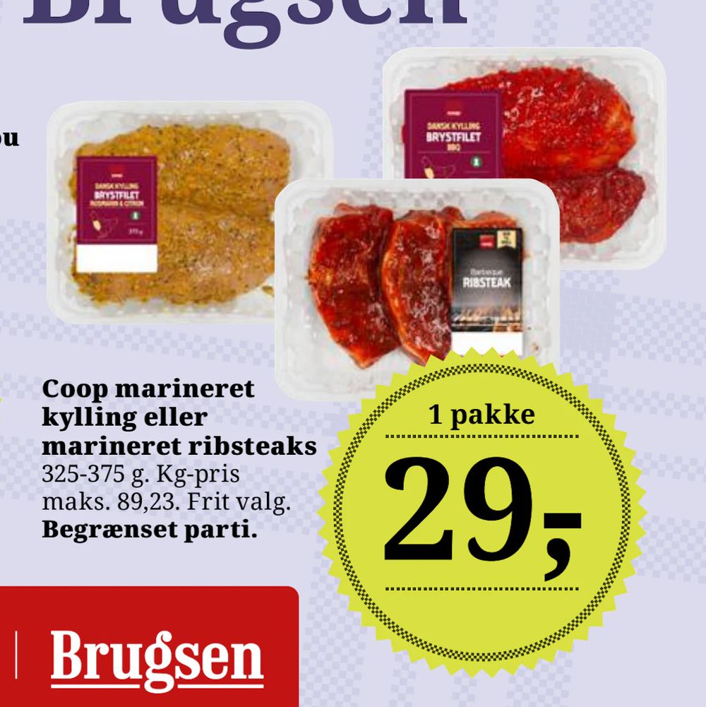 Tilbud på Coop marineret kylling eller marineret ribsteaks fra Dagli'Brugsen til 29 kr.