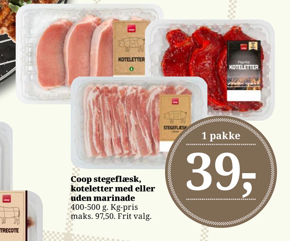 Tilbud på Coop stegeflæsk, koteletter med eller uden marinade fra Dagli'Brugsen til 39 kr.
