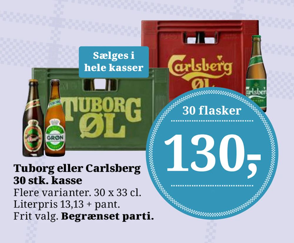 Tilbud på Tuborg eller Carlsberg 30 stk. kasse fra Dagli'Brugsen til 130 kr.