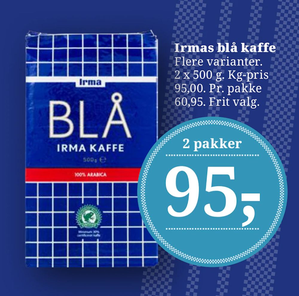 Tilbud på Irmas blå kaffe fra Dagli'Brugsen til 95 kr.