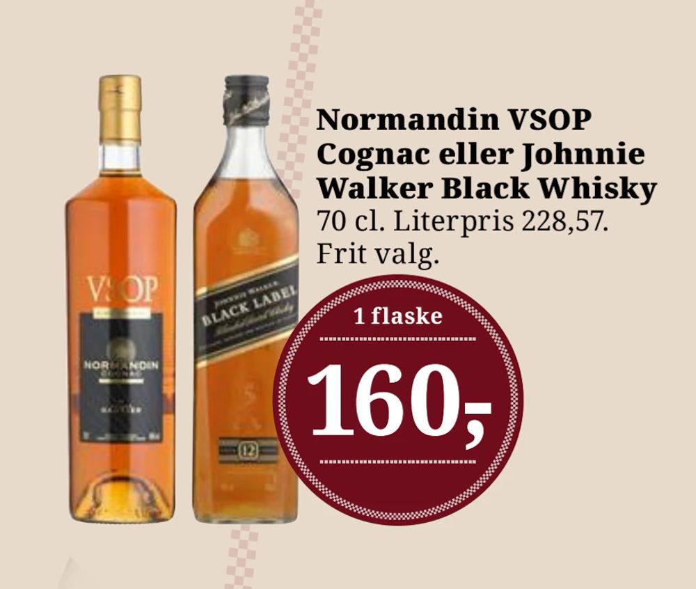 Tilbud på Normandin VSOP Cognac eller Johnnie Walker Black Whisky fra Dagli'Brugsen til 160 kr.